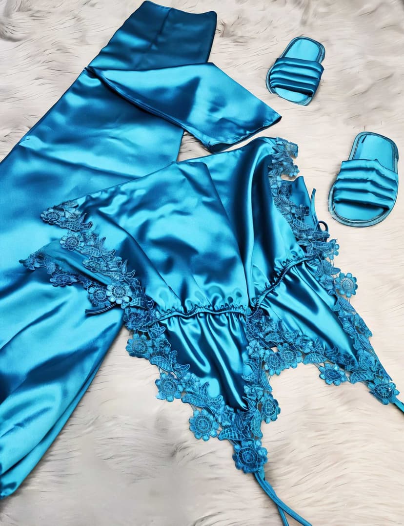 3-piece silk pajamas Teal Blue  XL