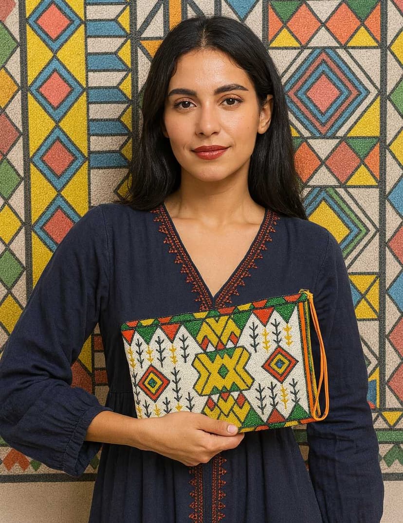 A handcrafted bag features a design inspired by traditional Asiri patterns