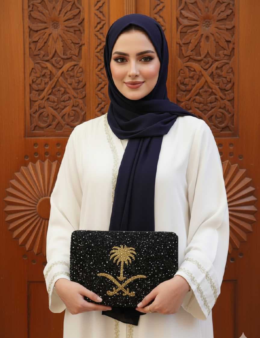 The clutch features a palm tree design gold