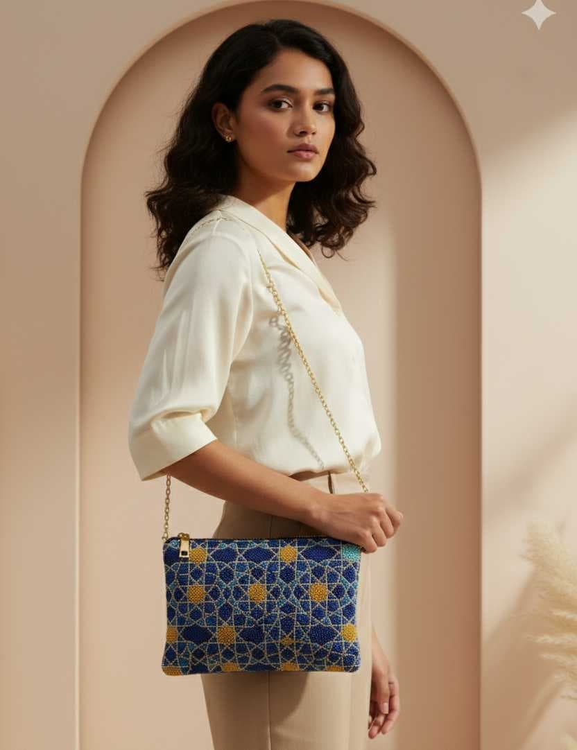 "Blue Star" Handbag 2 Unframed with cream cotton thread edges