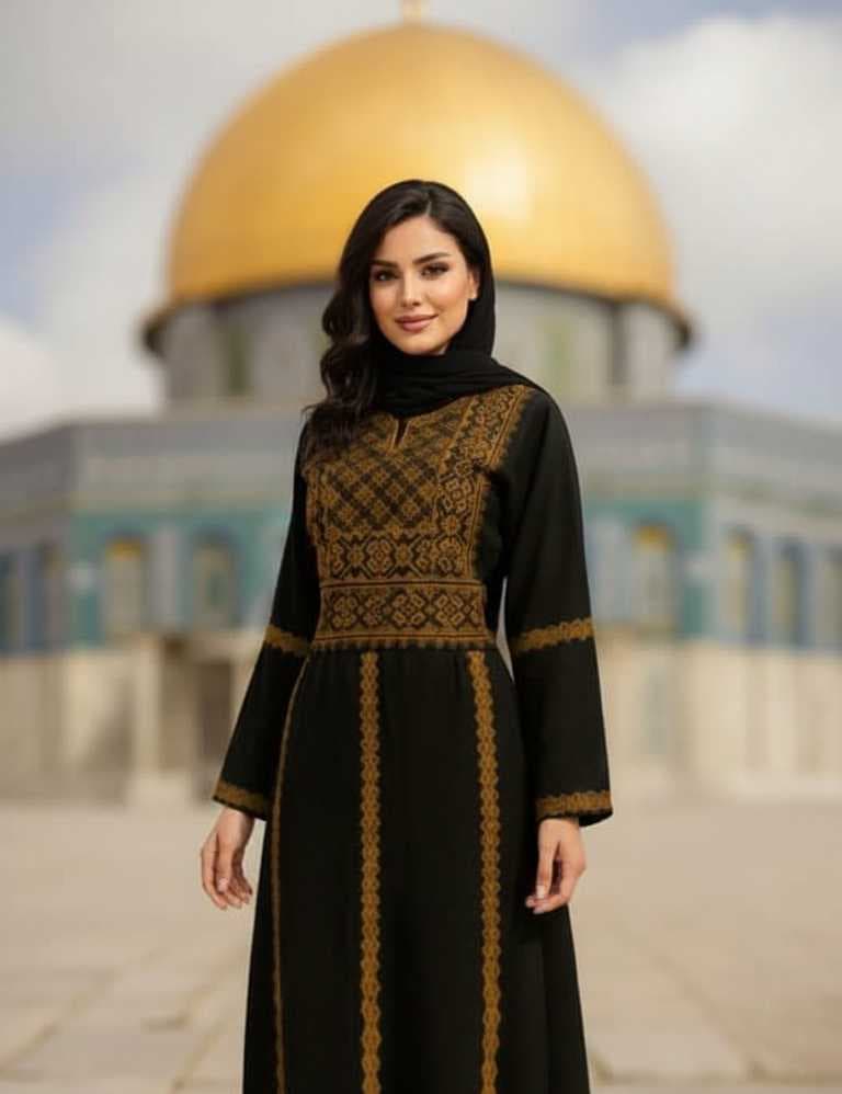 abaya features exquisite traditional Palestinian embroidery Light brown  M
