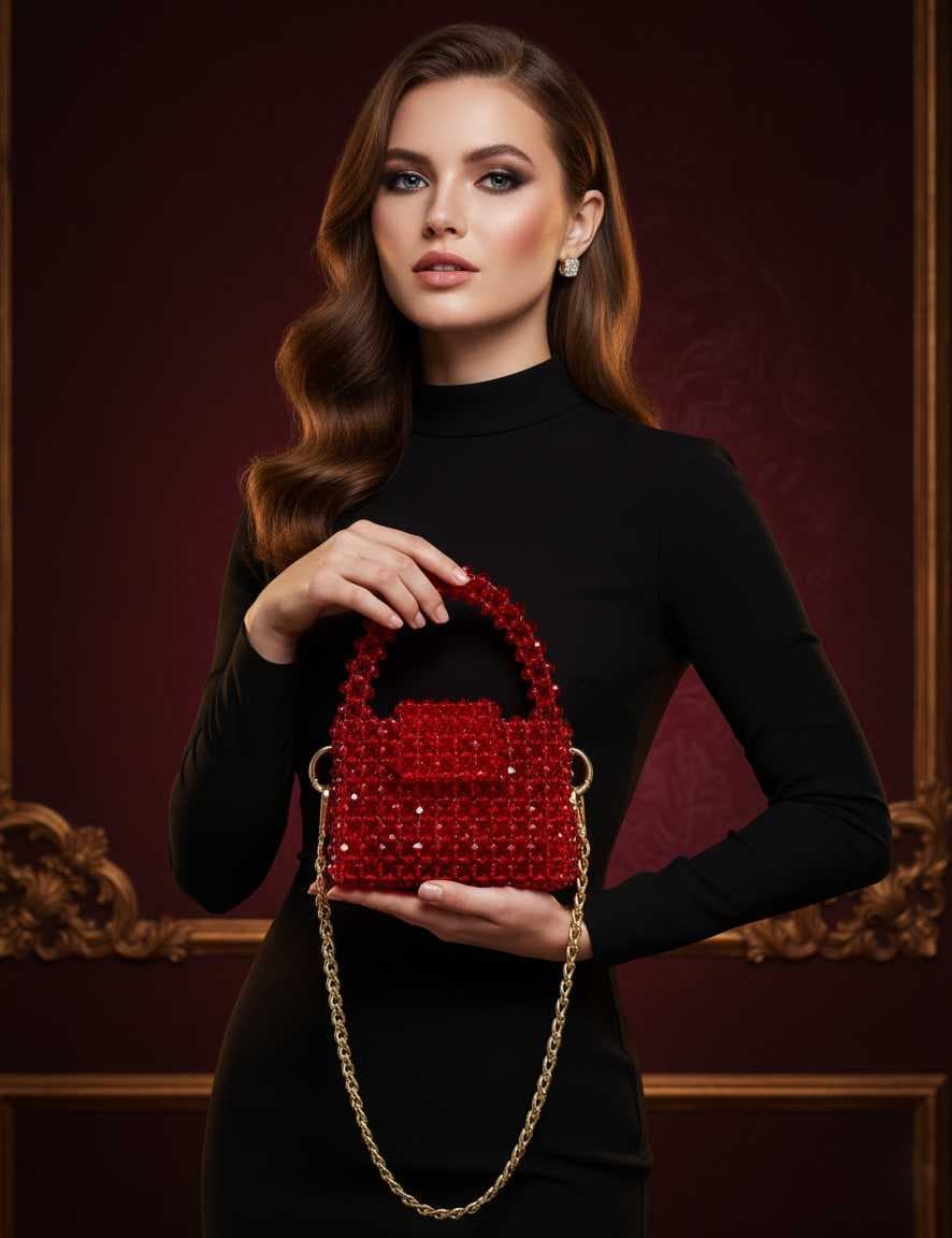 A stylish small handbag made of shiny red glass crystal