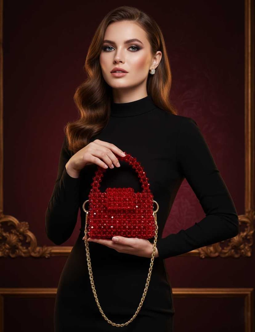 A stylish small handbag made of shiny red glass crystal