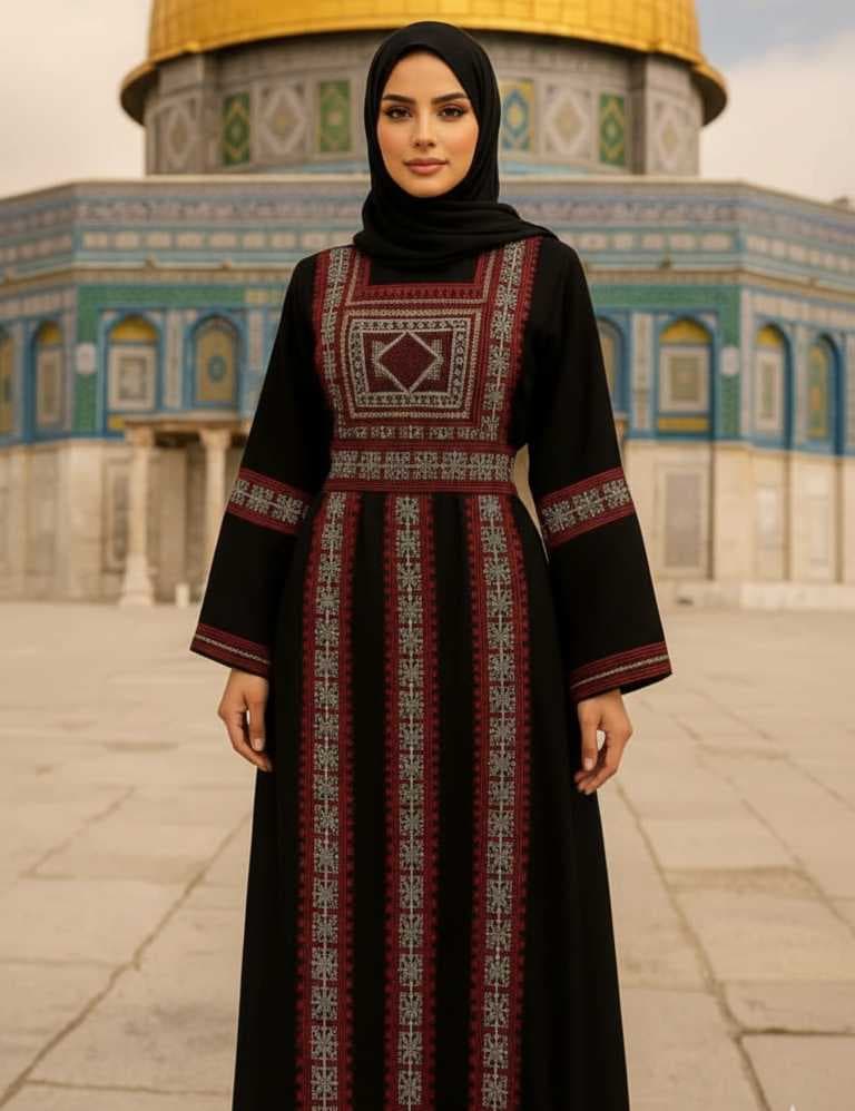 abaya designed with elegant Palestinian embroidery red  XL