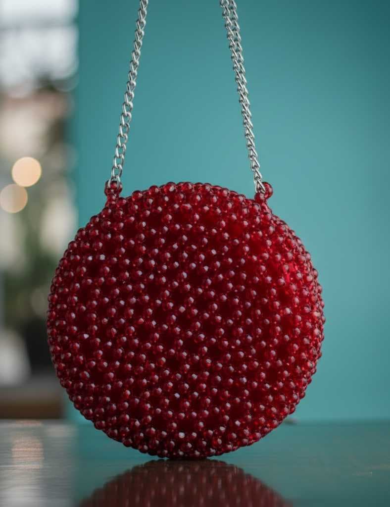 A luxurious round handbag burgundy color