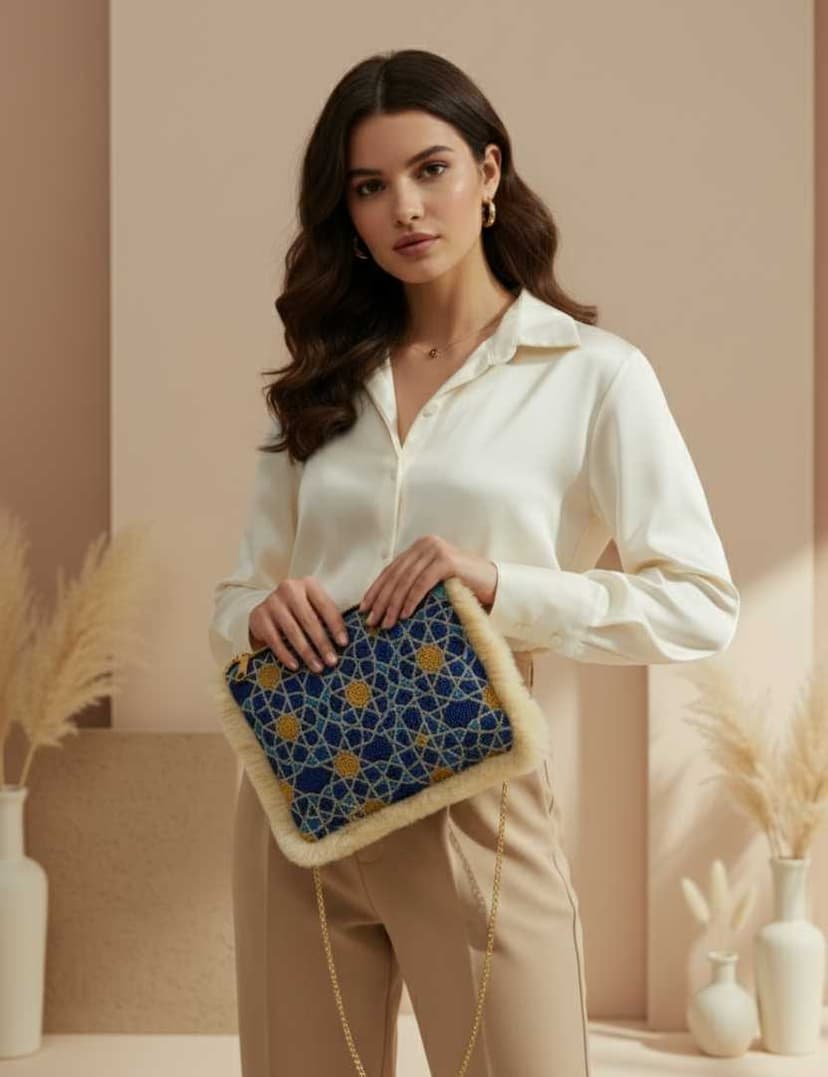 "Blue Star" Handbag 2 Surrounded by cream cotton thread edges