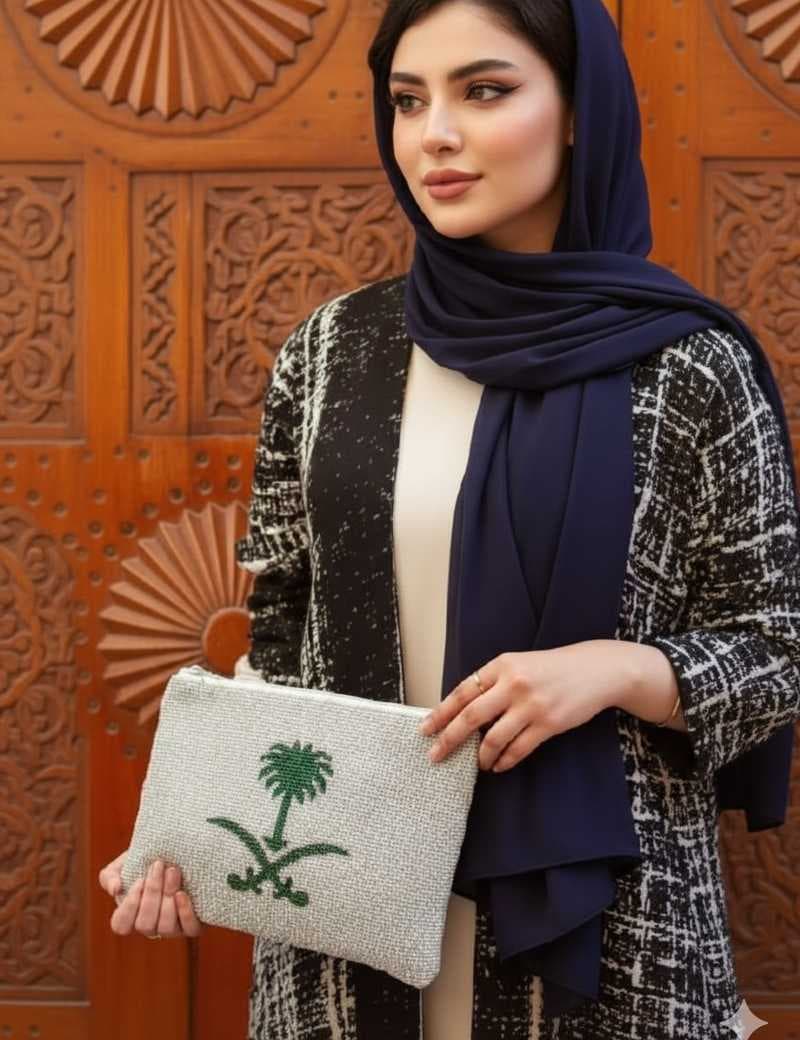 The clutch features a palm tree design White