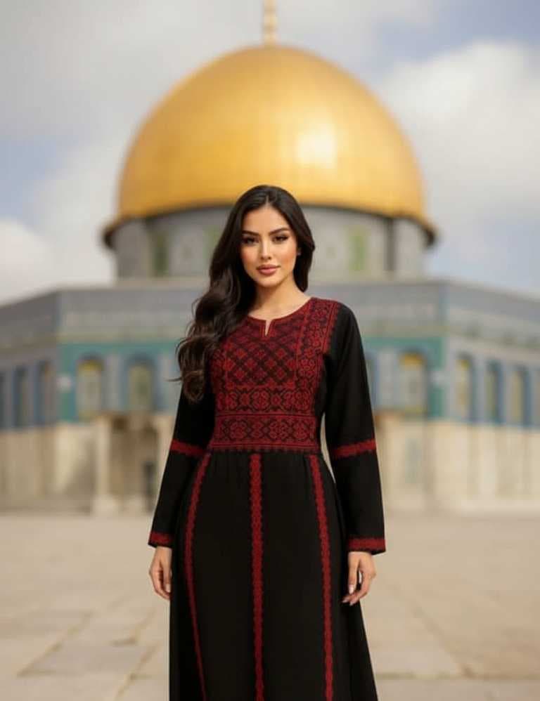 abaya features exquisite traditional Palestinian embroidery red  L