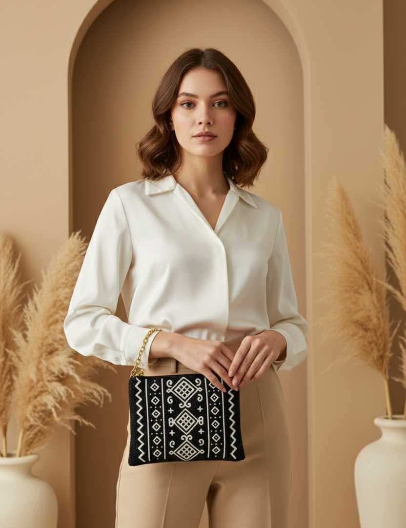 A chic handbag adorned with traditional geometric patterns black