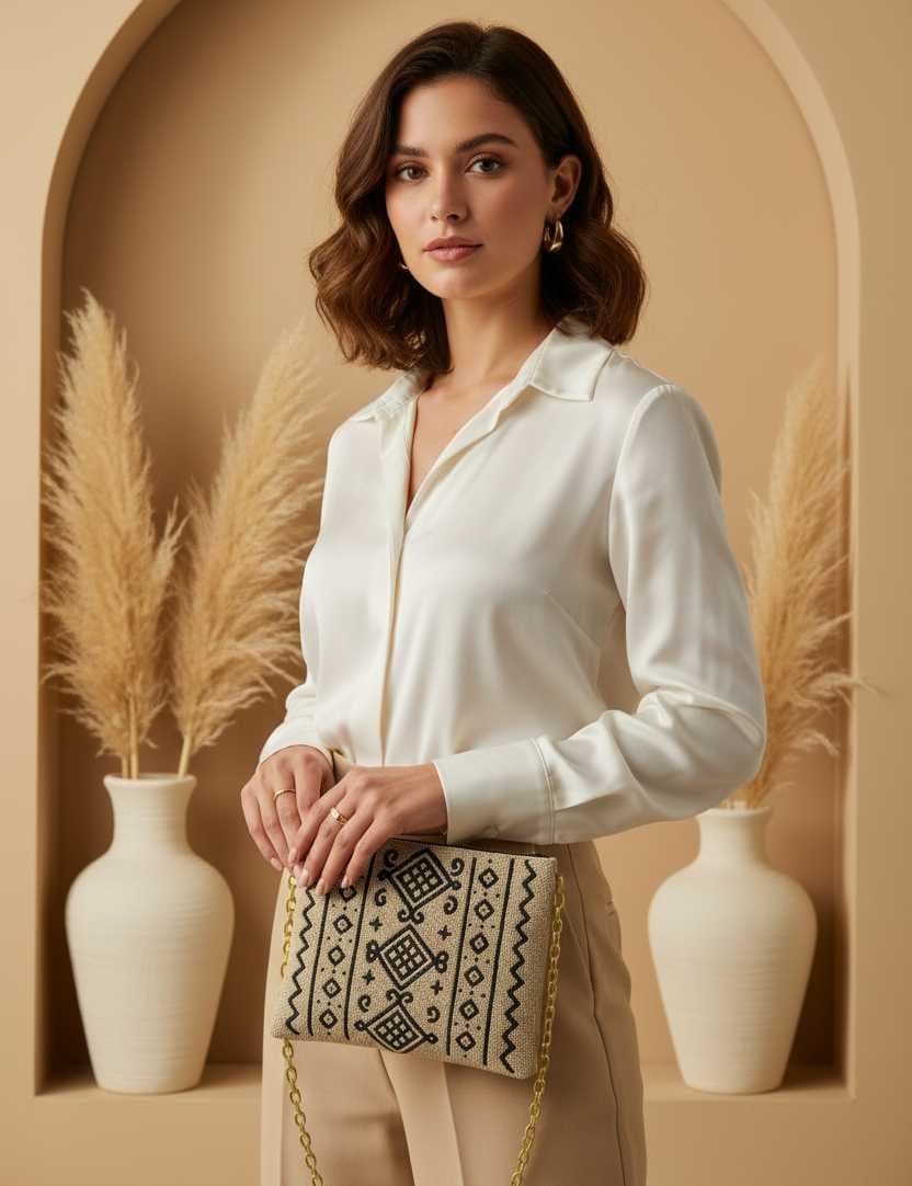 A chic handbag adorned with traditional geometric patterns Beige