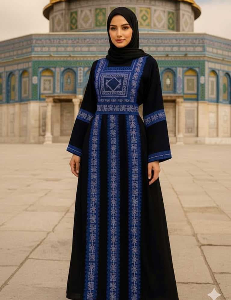 abaya designed with elegant Palestinian embroidery Blue  XL