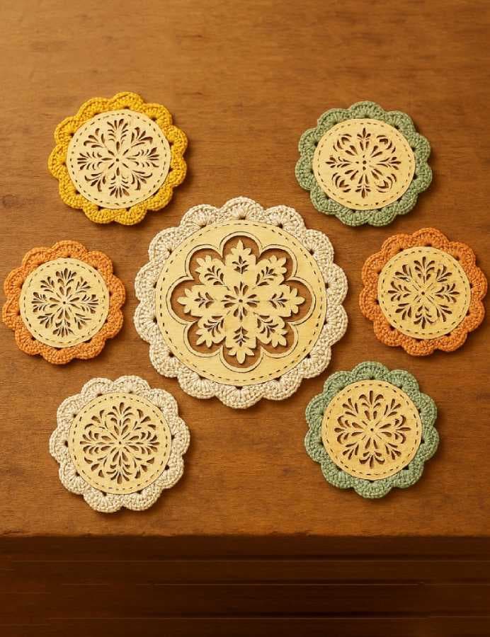 Set of 7 Wooden Coasters with Cut-Out Design and Handmade Crochet Edges - 2