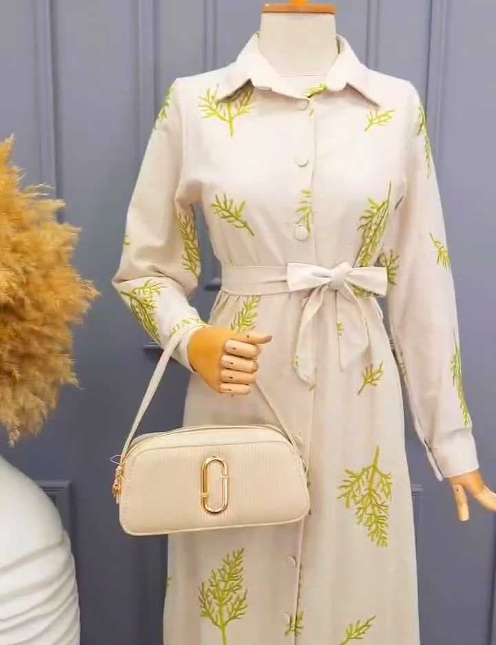 embroidered linen dress light green  L