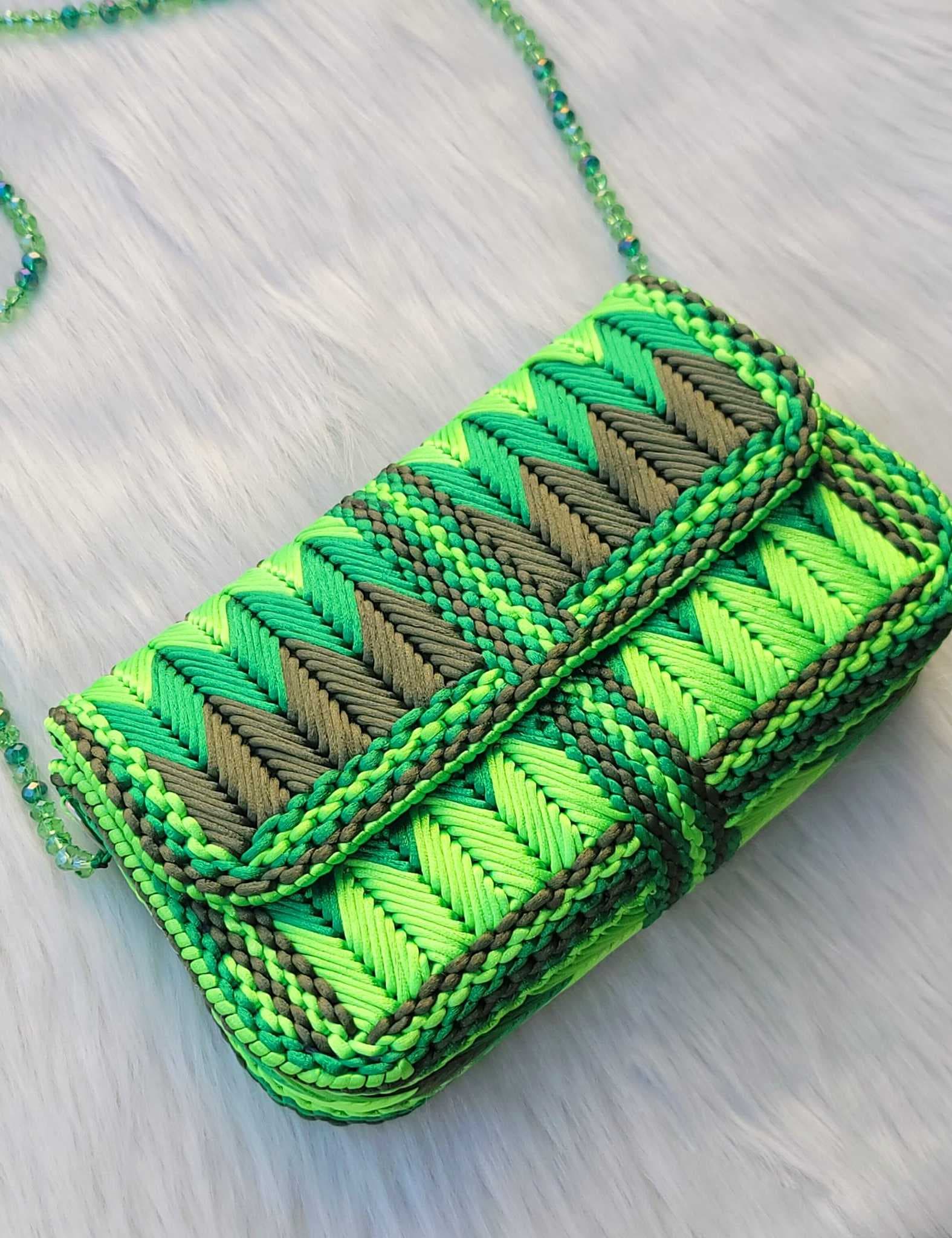 Handwoven Satin Bag in Rainbow Colors Green