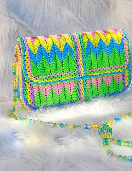 Handwoven Satin Bag in Rainbow Colors Pink