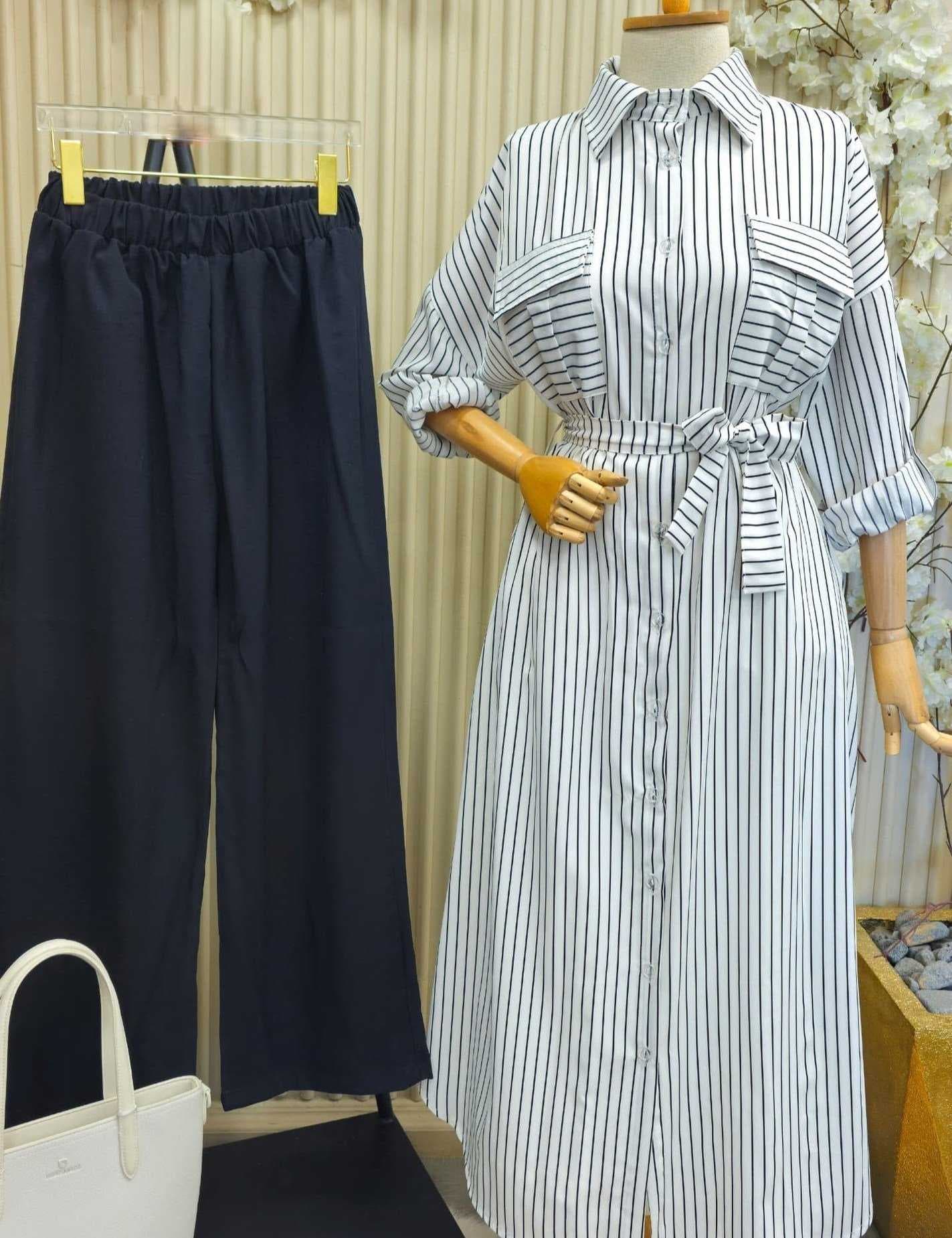 Long Striped Dress White L