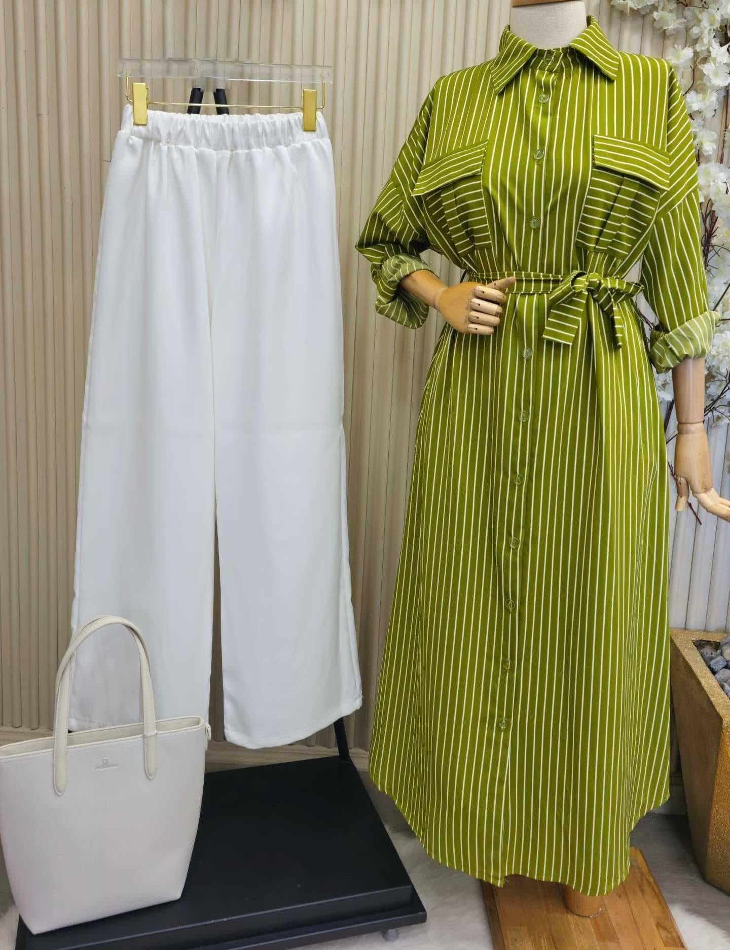 Long Striped Dress Green L