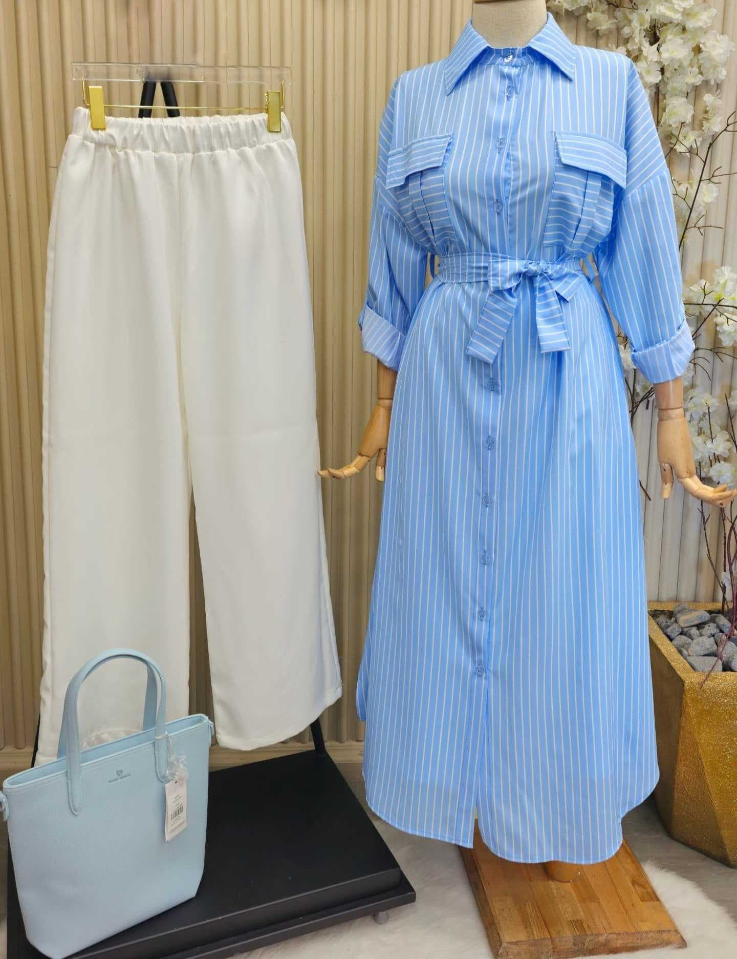 Long Striped Dress light Blue L
