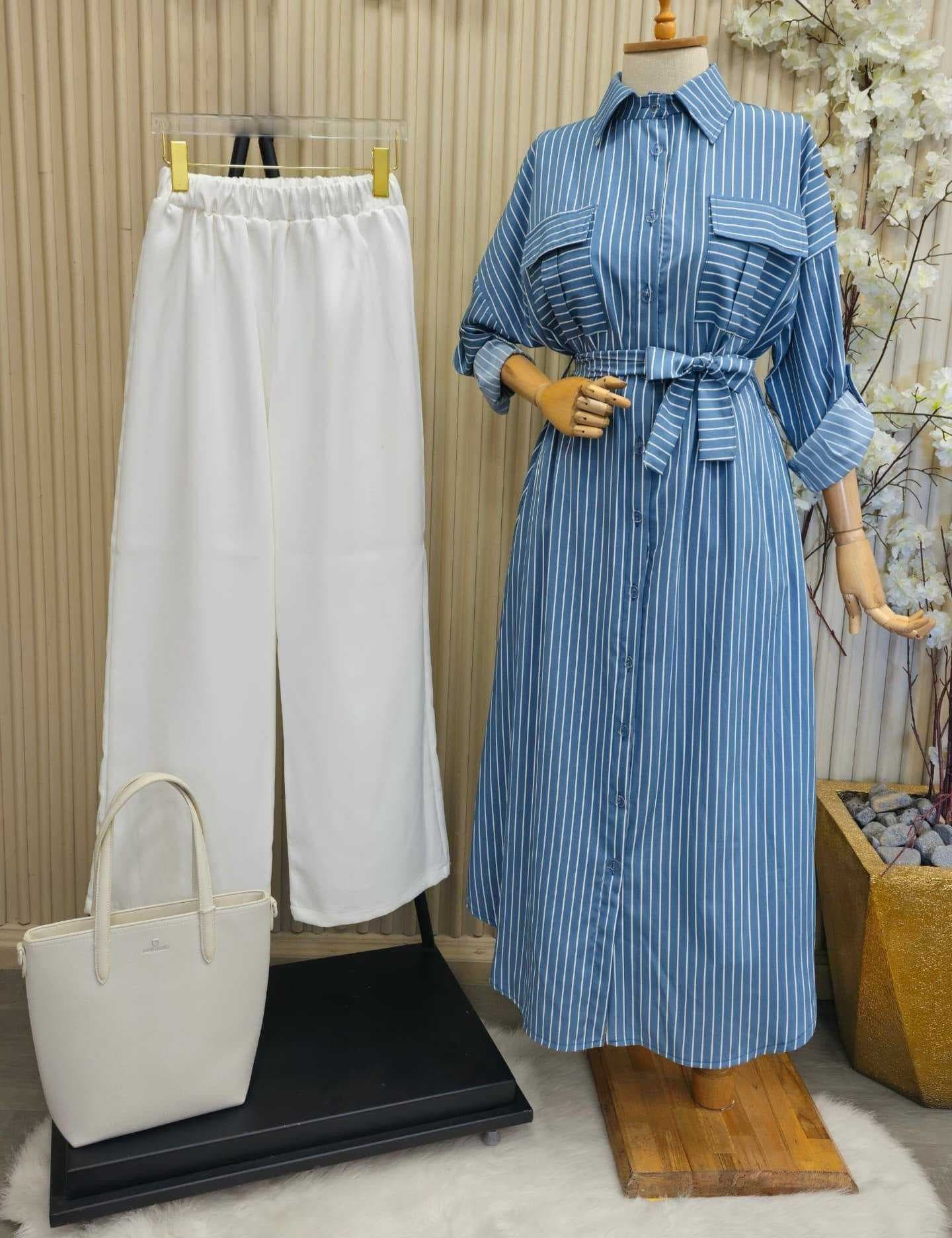 Long Striped Dress Blue L