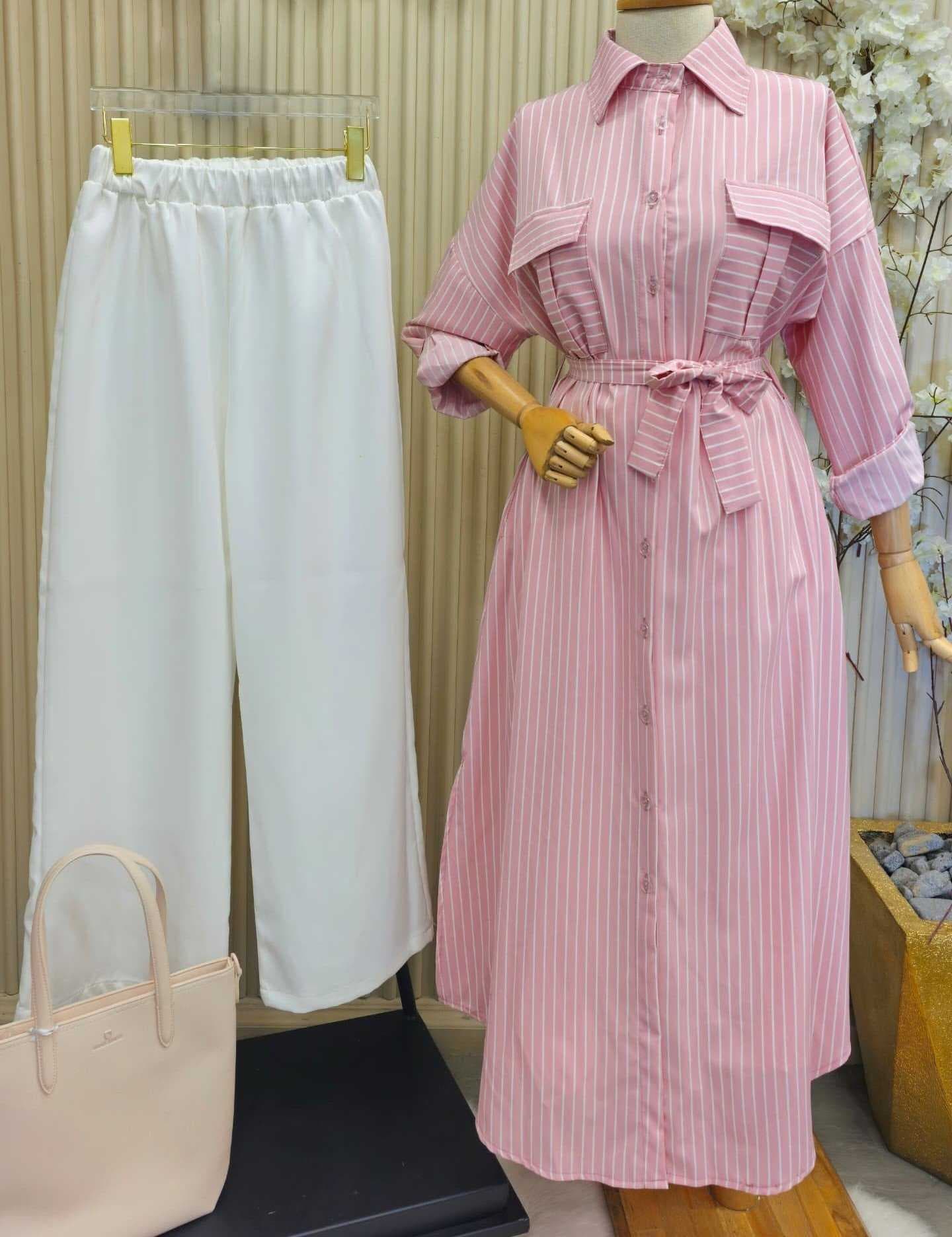 Long Striped Dress Pink L
