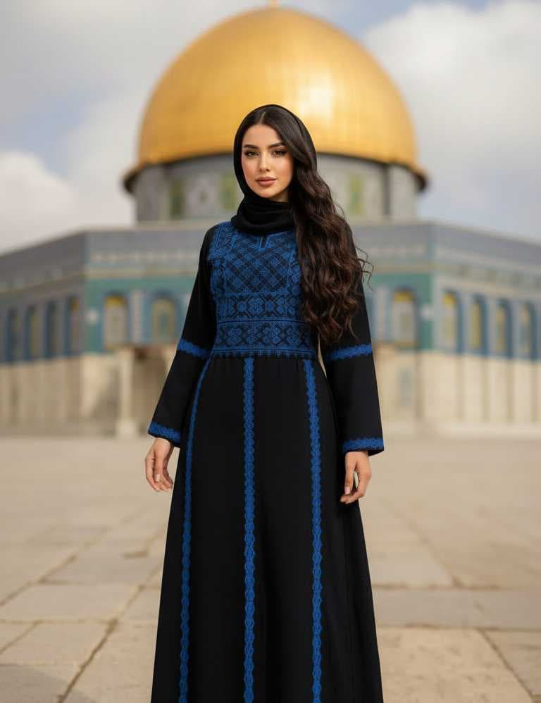 abaya features exquisite traditional Palestinian embroidery Blue XL
