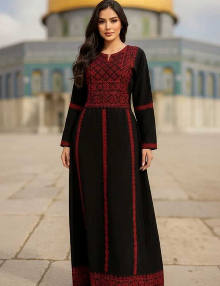 abaya features exquisite traditional Palestinian embroidery red L