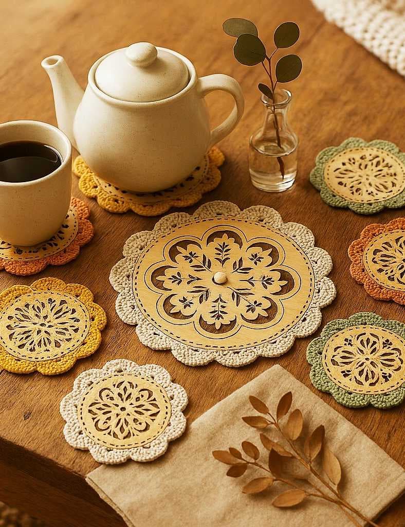 Set of 7 Wooden Coasters with Cut-Out Design and Handmade Crochet Edges